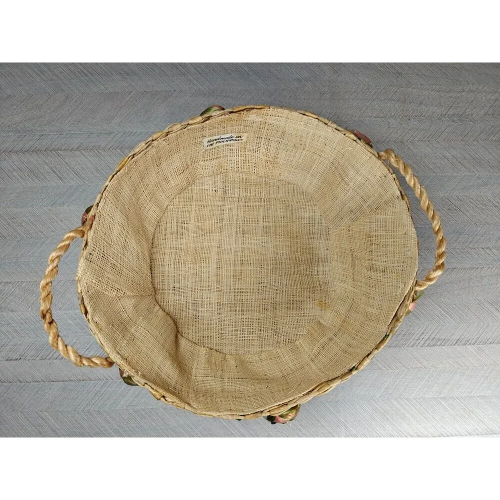 Vintage Woven Raffia Straw Round Casserole Basket With Fruit Accents Handles